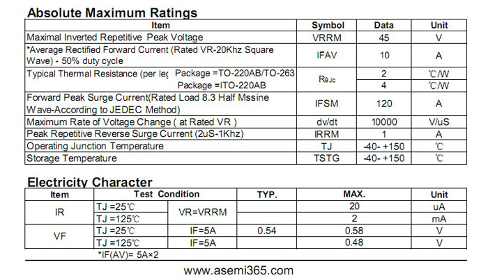 ASEMI品牌肖特基二極管MBR1045FCT