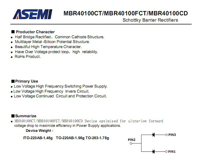 ASEMI肖特基二極管MBR40100FCT