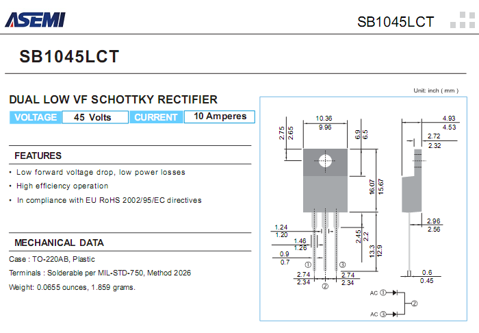 SB1045LCT 低壓降肖特基參數書