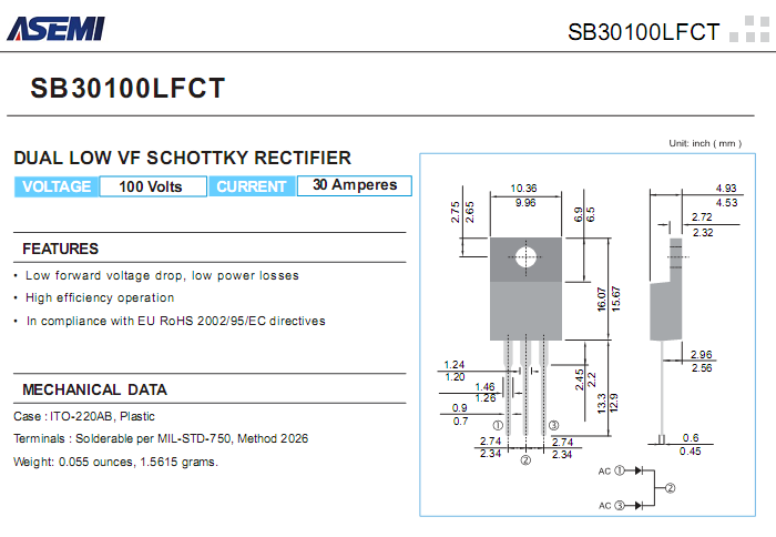 SB30100LFCT 低壓降肖特基參數(shù)書